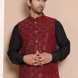Anouk Men Embroidered Regular Sequinned Velvet Kurta with Churidar-picture-20