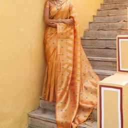 KALINI Yellow Organza Leheriya Saree with Unstitched Blouse Piece-picture-40