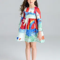 LULU & SKY Girls Doodle Graphic Printed Round Neck Fit and Flare Dress-image-14