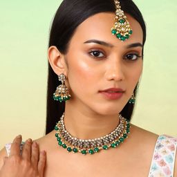Priyaasi Gold Plated Kundan Studded & Beaded Necklace & Earrings With Maang Tika-image-59