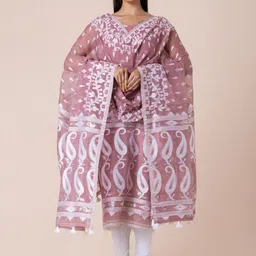 Durga Handlooms Jamdani Woven Design Zari Pure Cotton Unstitched Kurti Material with Dupatta-picture-32