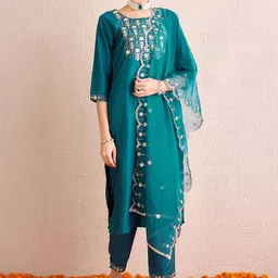 Indo Era Women Floral Yoke Design Regular Gotta Patti Kurta with Trousers & With Dupatta-10