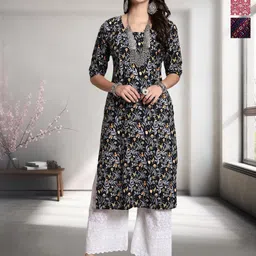 HERE&NOW Selection Of 3 Floral Printed Round Neck Straight Kurta-63