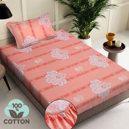 Myntra Elegant Homes Peach-Coloured & White Floral 400 TC Single Bedsheet with 1 Pillow Covers-image-98