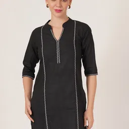 Brownverse Mandarin Collar Thread Work Pure Cotton Straight Kurti-image-88