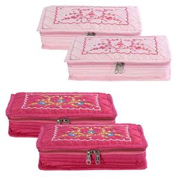 Kuber Industries Pink 4 Pcs Floral Embroidery 7 Compartments Jewellery Organisers-49