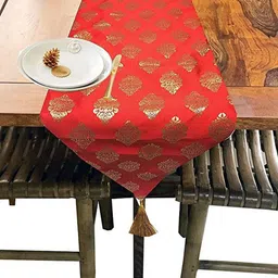 Pink Parrot Red & Yellow Woven Designed Tasseled TableRunner-13