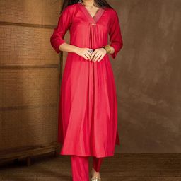 Inddus V Neck Thread Work Empire Kurta With Trousers-58