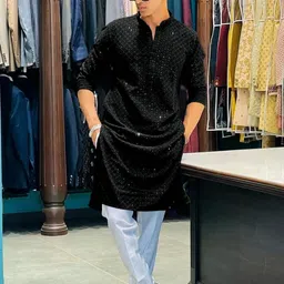 KURTAFORMEN Men Chikan Embroidery Straight Kurta (Black)-image-30
