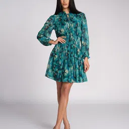 AND Women Abstract Printed Tie-Up Neck Puff Sleeve Fit & Flare Dress-picture-18