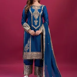 MISS CLOTHING Ethnic Motifs Embroidered Key Hole Neck Kurta With Trousers & Dupatta-picture-21