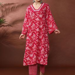 Anouk Women Floral Embroidered Regular Mirror Work Pure Cotton Kurta with Trousers-picture-35