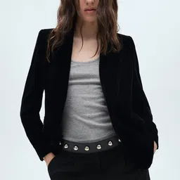 MANGO Peaked Lapel Velvet Front Open Blazer-13