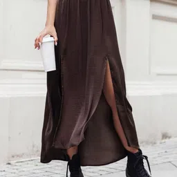 Outzidr Women Double Slit Flared Maxi Skirt-image-7
