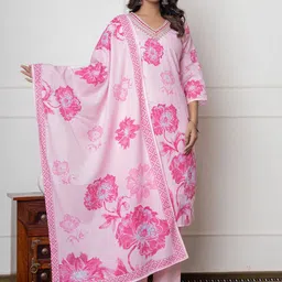 V.S.Creation Floral Embroidered V-Neck Pure Cotton Straight Kurta With Trousers & Dupatta-picture-12
