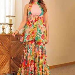 LABEL ADITI HUNDIA Floral Printed Halter Neck Sleeveless Top With Sharara-picture-10