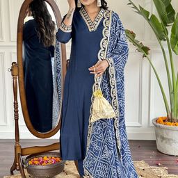 Moda Rapido Women Embroidered V-Neck Regular Kurta with Trousers & Dupatta-image-87