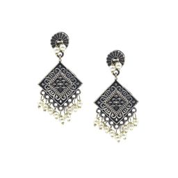NILA Silver-Plated Pearls Beaded Geometric Oxidized Drop Earrings-31