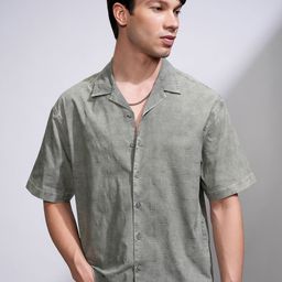 HIGHLANDER Men Boxy Fit Cuban Collar Textured Cotton Casual Shirt-image-33