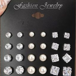 NAVJAI Set of 12 Gold-Plated Metal American Diamond Earrings-image-82