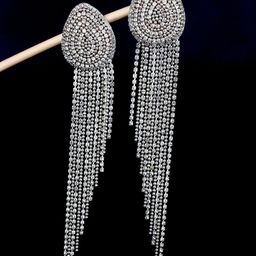 StyleCast Silver-Plated Rhinestone Studded Tasselled Teardrop Shaped Drop Earrings-image-97