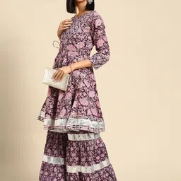 Anouk Purple Floral Printed Pure Cotton Anarkali Kurta With Sharara-picture-42