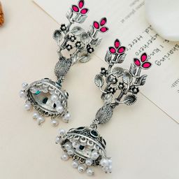 ABDESIGNS Silver-Plated Artificial Beads and Stones Dome Shaped Jhumkas Earrings-image-40