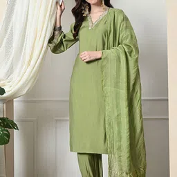 Sangria Women Embroidered V-Neck Straight Kurta With Salwar & Dupatta-image-40