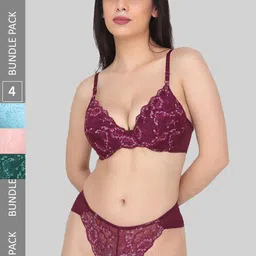 CURWISH Pack Of 4 Self Design Floral Lace Mid Rise Moderate Coverage Bikini Briefs-image-11