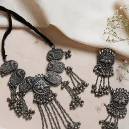 TEEJH Oxidised Silver-Plated Stone-Studded Ghungroo Jewellery Set-59