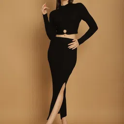 NoBarr High Neck Long Sleeves Crop Top With Flared Skirt-picture-33