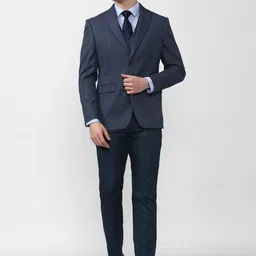 Peter England Elite Men Blue Self Design Single-Breasted 3 Piece Formal Suit-image-8