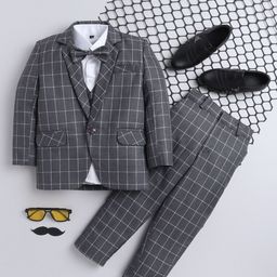 Jeetethnics Boys Grey & White Checked 4 Piece Single-Breasted Suit With Bow Tie-image-95