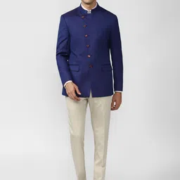 Peter England Elite Men Blue & Cream-Coloured Solid Single-Breasted 2-Piece Slim-Fit Bandhgala Suit-18