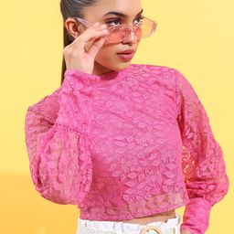 Tokyo Talkies Pink Puff Sleeve Lace Crop Top-image-43
