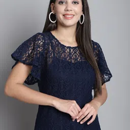 Dressitude Round Neck Flared Sleeve Sheer Lace Top-image-72