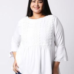Style Quotientt Women Plus Size White Lace Insert Viscose Rayon A-Line Smart Casual Top-55