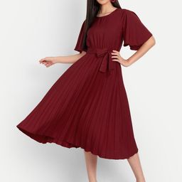 STARWORD Self Design Round Neck Crepe Fit & Flare Dress-image-34