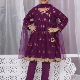 Little Bansi Girls Ethnic Motifs Embroidered Angrakha Pure Cotton Kurta with Pyjamas & With Dupatta-picture-26
