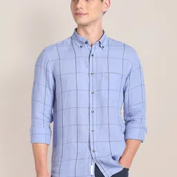 U.S. Polo Assn. Men Slim Fit Button-Down Collar Windowpane Checked Linen Casual Shirt-image-62