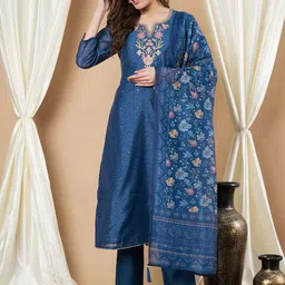 all about you Women Floral Embroidered Regular Chanderi Cotton Kurta with Trousers & With Dupatta-16