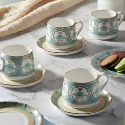India Circus White & Blue 8 Pieces Printed Ceramic Glossy Cups 280ml-58