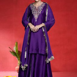 Varanga Women Floral Embroidered Regular Sequinned Chanderi Silk Kurta with Palazzos & With Dupatta-picture-46