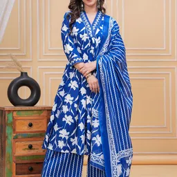 MEERA FAB Women Floral Printed Cotton Anarkali Kurta with Trousers & Dupatta-38