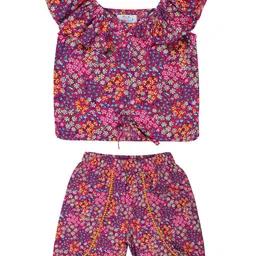 YOUNG BIRDS Girls Floral Printed V-Neck Top With Shorts-image-99