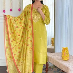 TWINS LADY Women Floral Embroidered Chanderi Cotton Kurta with Trousers & With Dupatta-48