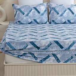 HOMEMONDE Blue & White Geometric 210 TC Single Bedsheet with 1 Pillow Covers-image-69