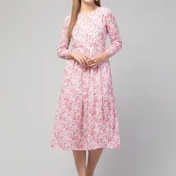 SQew Floral Printed Keyhole Neck Georgette Fit & Flare Midi Dress-image-56