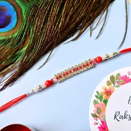 Red Stone Studded & Beaded Thread Rakhi Traditional Handmade Rakhi for Brother-40