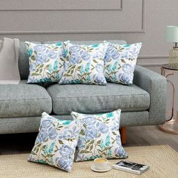 Trance Home Linen Blue & Green Set of 5 Floral Square Cushion Covers-7
